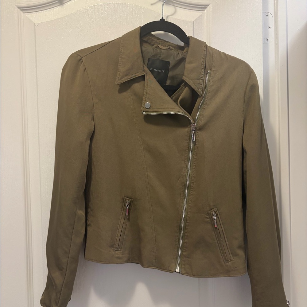 Dynamite Olive Green Asymmetrical Zip Moto Jacket